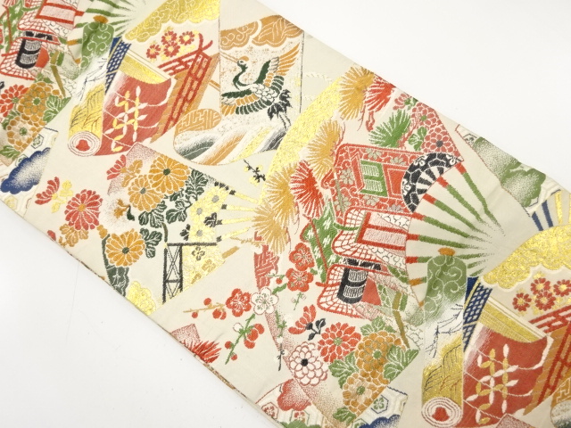 JAPANESE KIMONO / ANTIQUE MARU OBI / WOVEN CARRIAGE & FLOWER